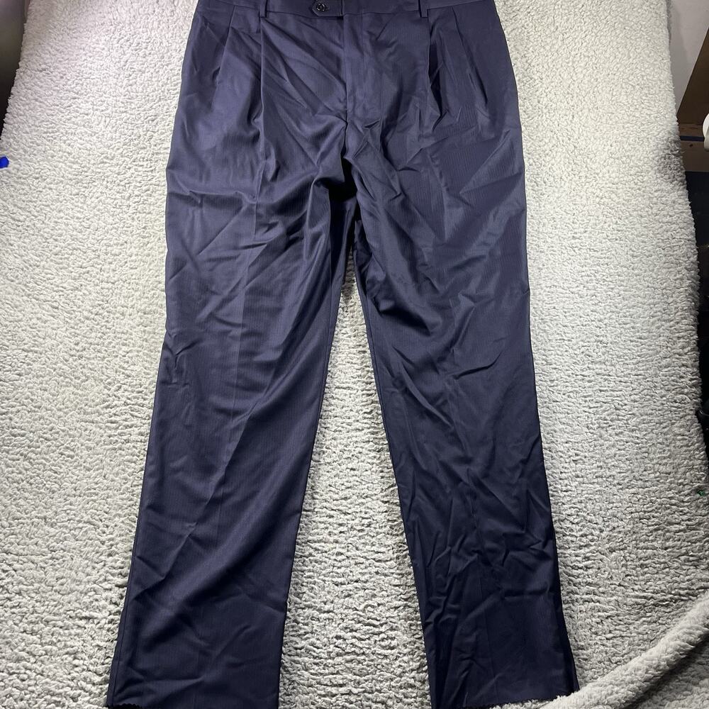 Jos. A. Bank Mens Suit Pants 42x36 Unhemmed Navy Blue 100% Wool Pleated Slacks